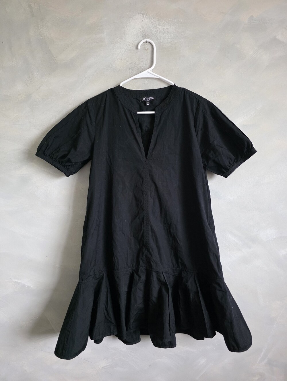 J. Crew Delilah Dress Cotton Poplin Black Mini Sz XS Split Neckline Puff Sleeve